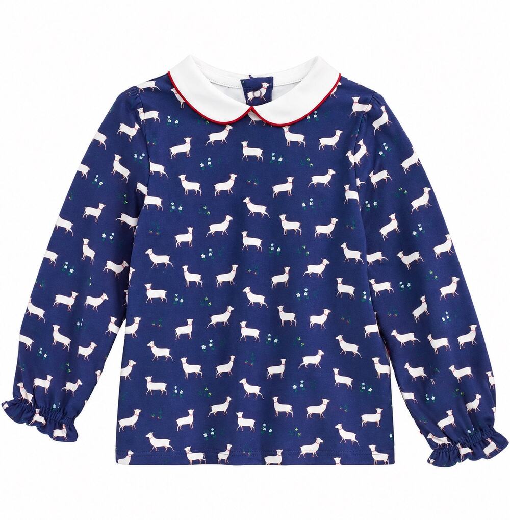 Baby Boden Peter Pan Collar Jersey Top Blue Dog Print 3-6M